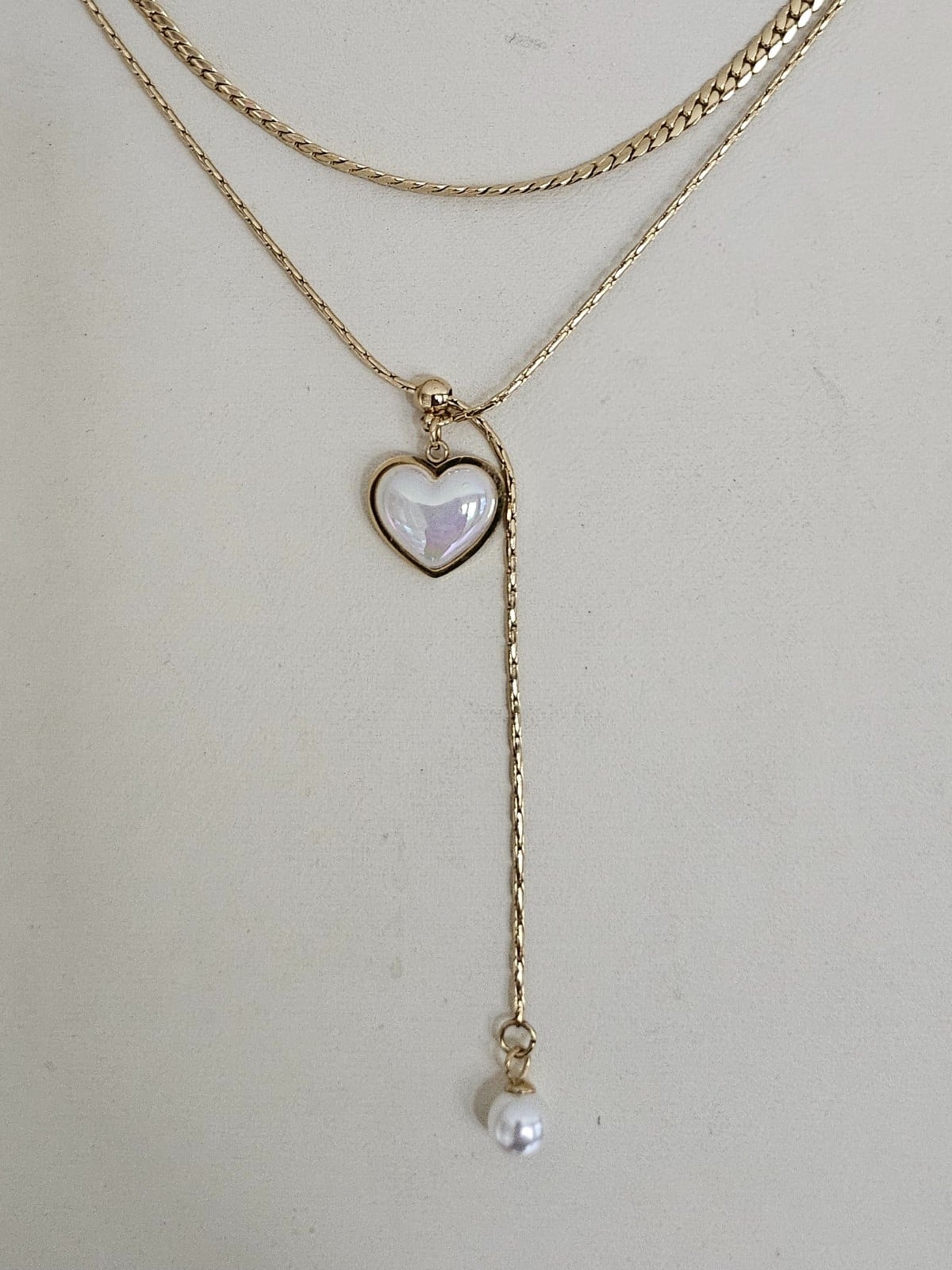 Dubbele ketting met parelmoer hart – RVS 16K verguld - 147321 Dubbele ketting met parelmoer hart – RVS 16K verguld