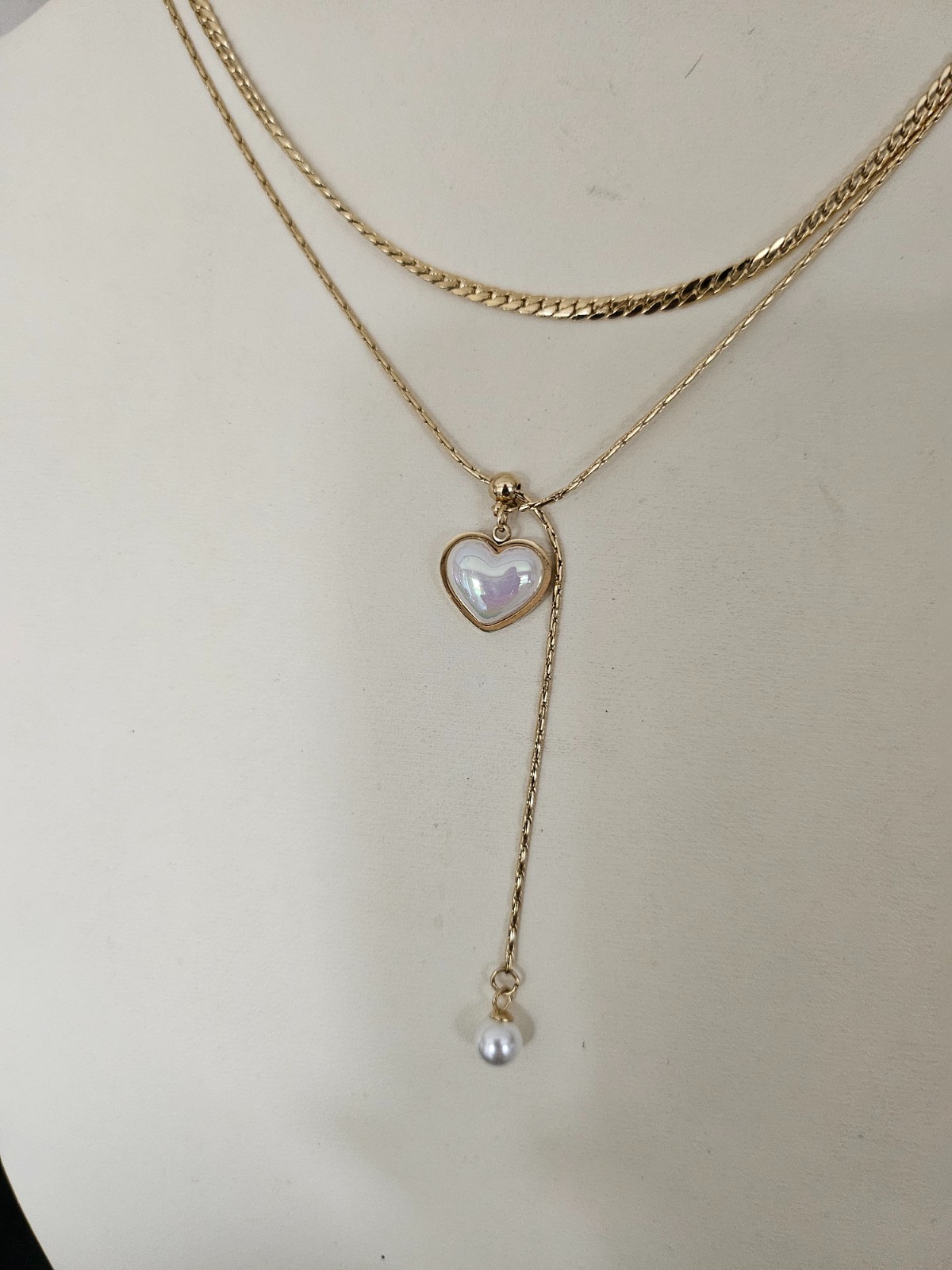 Dubbele ketting met parelmoer hart – RVS 16K verguld - 147323 Dubbele ketting met parelmoer hart – RVS 16K verguld
