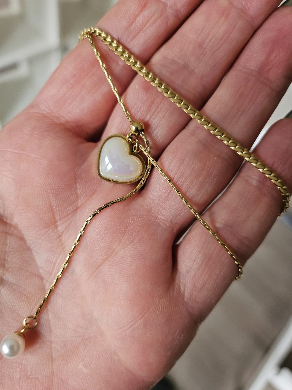 Dubbele ketting met parelmoer hart – RVS 16K verguld - 147328 Dubbele ketting met parelmoer hart – RVS 16K verguld