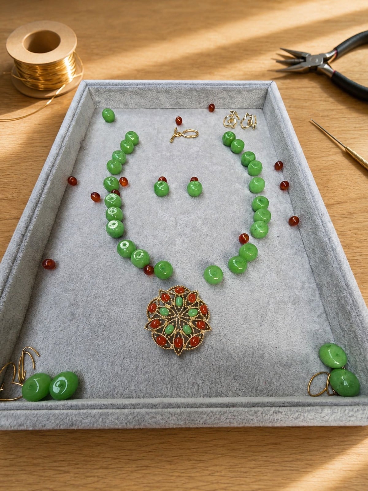 Groene agaat ketting met carneool en vintage Sarah Coventry broche - 147050 Groene agaat ketting met carneool en vintage Sarah Coventry broche