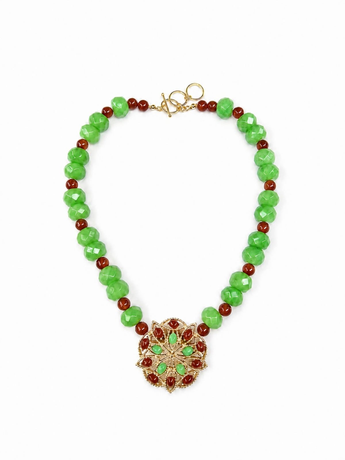 Groene agaat ketting met carneool en vintage Sarah Coventry broche - 147051 Groene agaat ketting met carneool en vintage Sarah Coventry broche