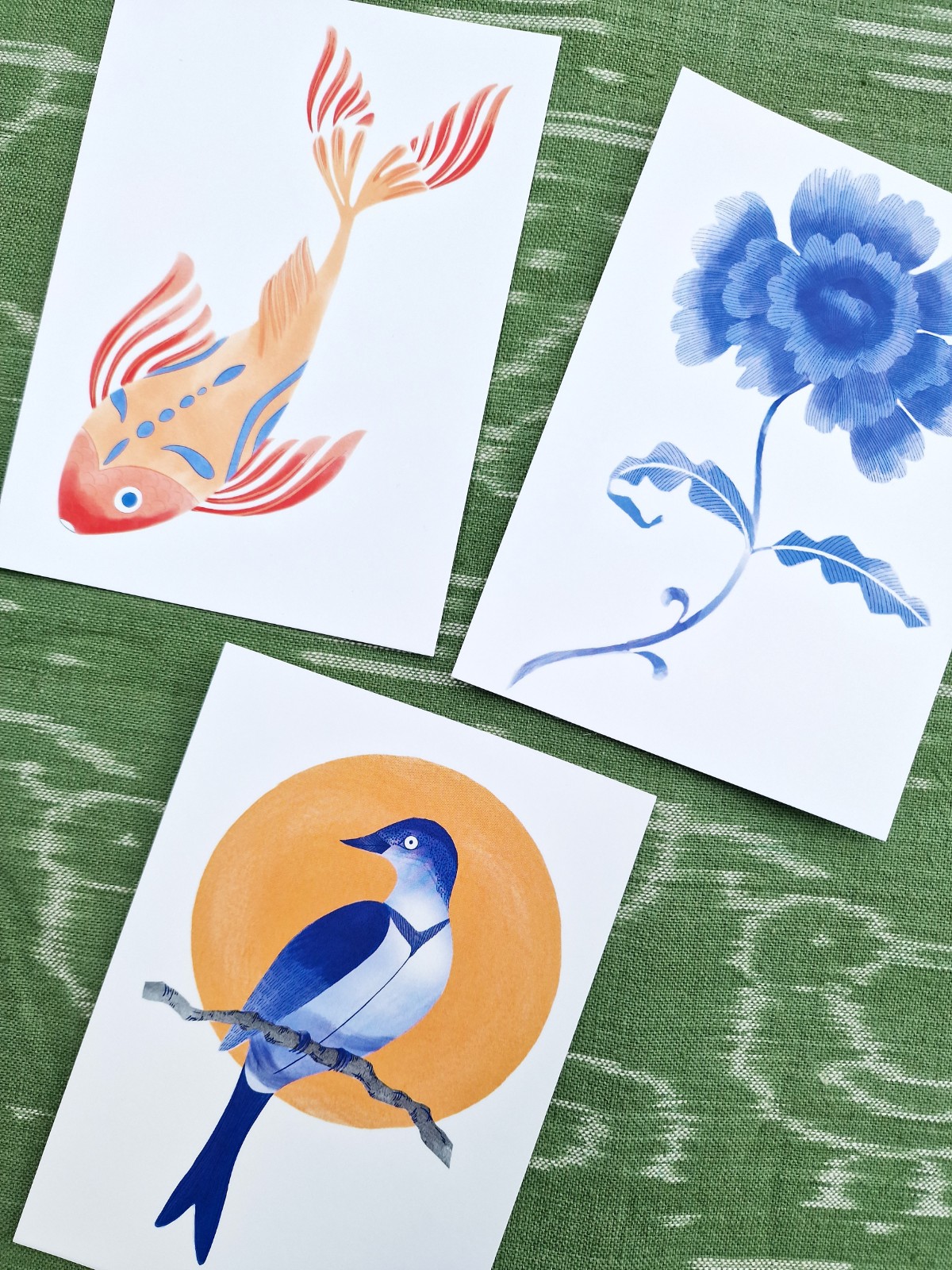Set van 3 Aziatische Stijl Aquarel Kaarten, Vis, Bloem en Vogel