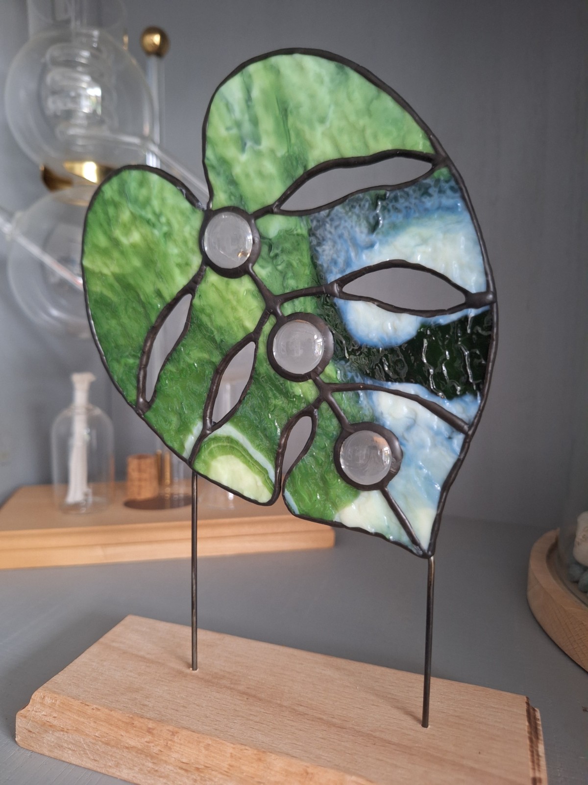 Monstera blad glas in lood - 149714 Handgemaakt monstera blad glas in lood