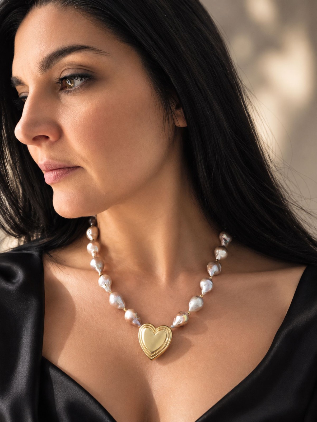 Roze barokparel ketting met vintage hartjeshanger