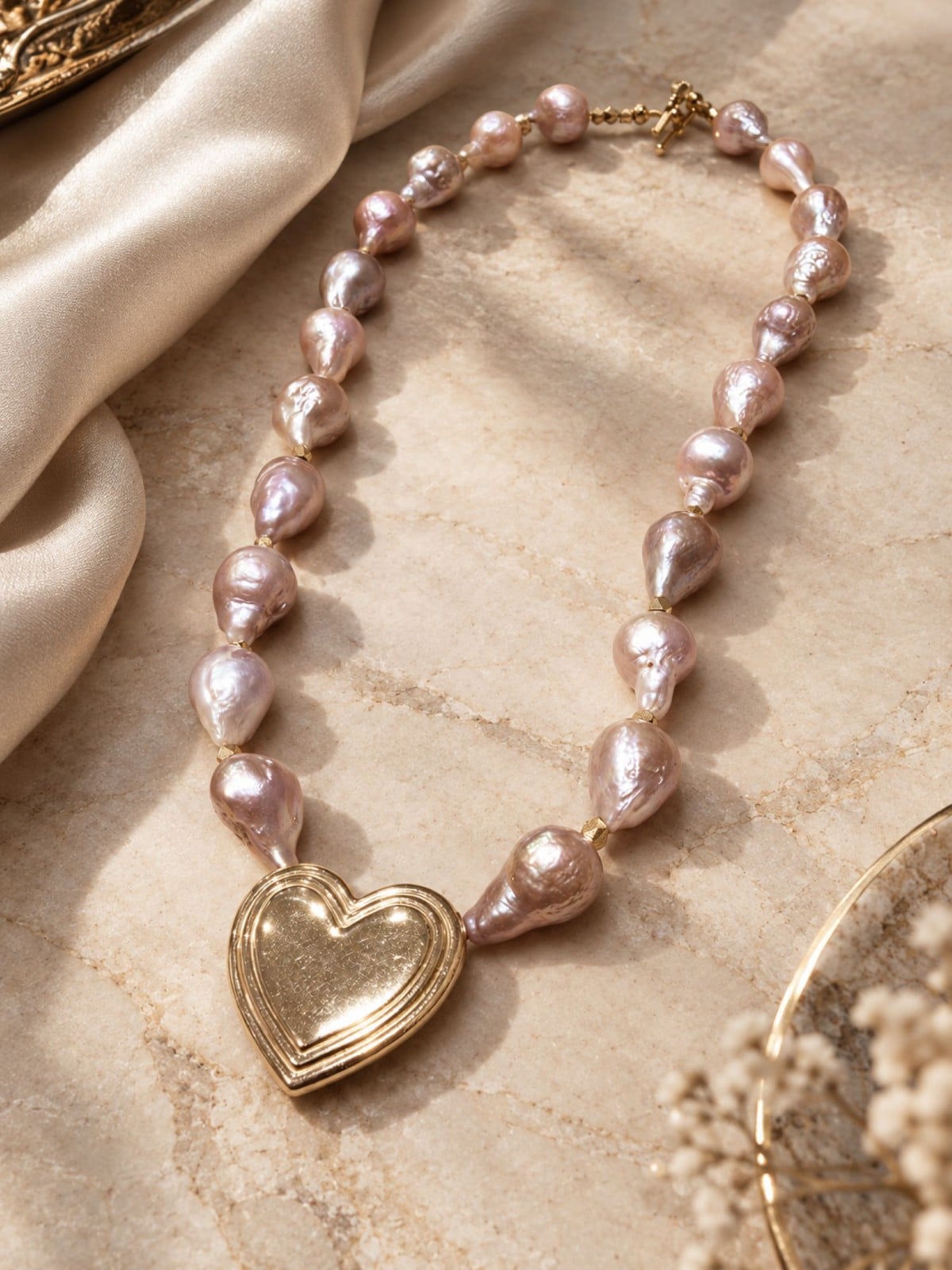 Roze barokparel ketting met vintage hartjeshanger
