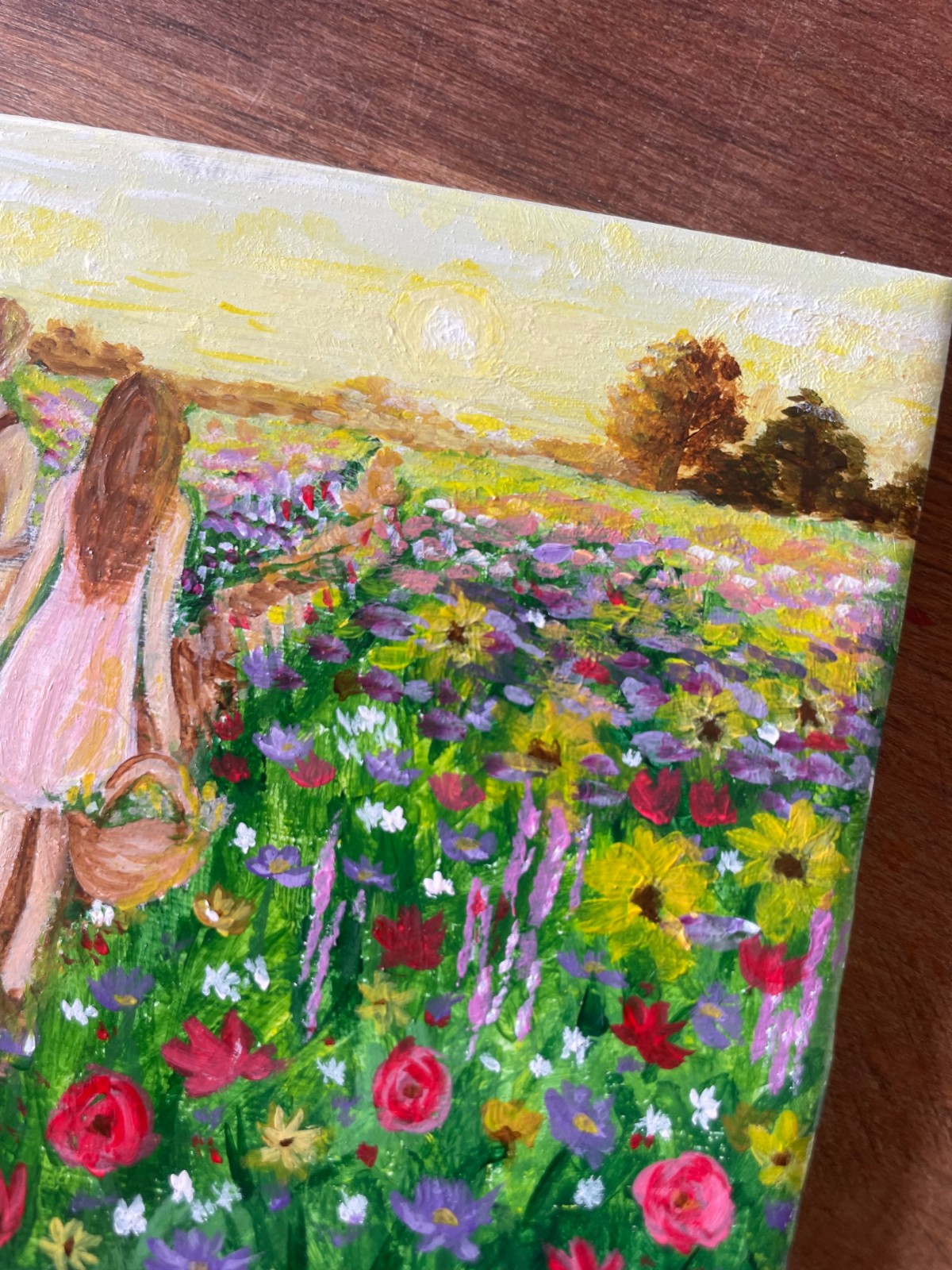 Wandeling door het bloemenveld | Handgeschilderd tegeltje - 149312 Wandeling door het bloemenveld | Handgeschilderd tegeltje