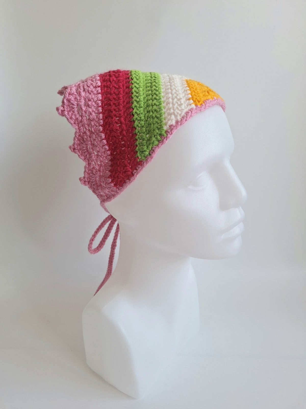 Gehaakte bandana | Geel, crème, groen, fuchsia en lichtroze - 152546 Gehaakte bandana | Geel, crème, groen, fuchsia en lichtroze
