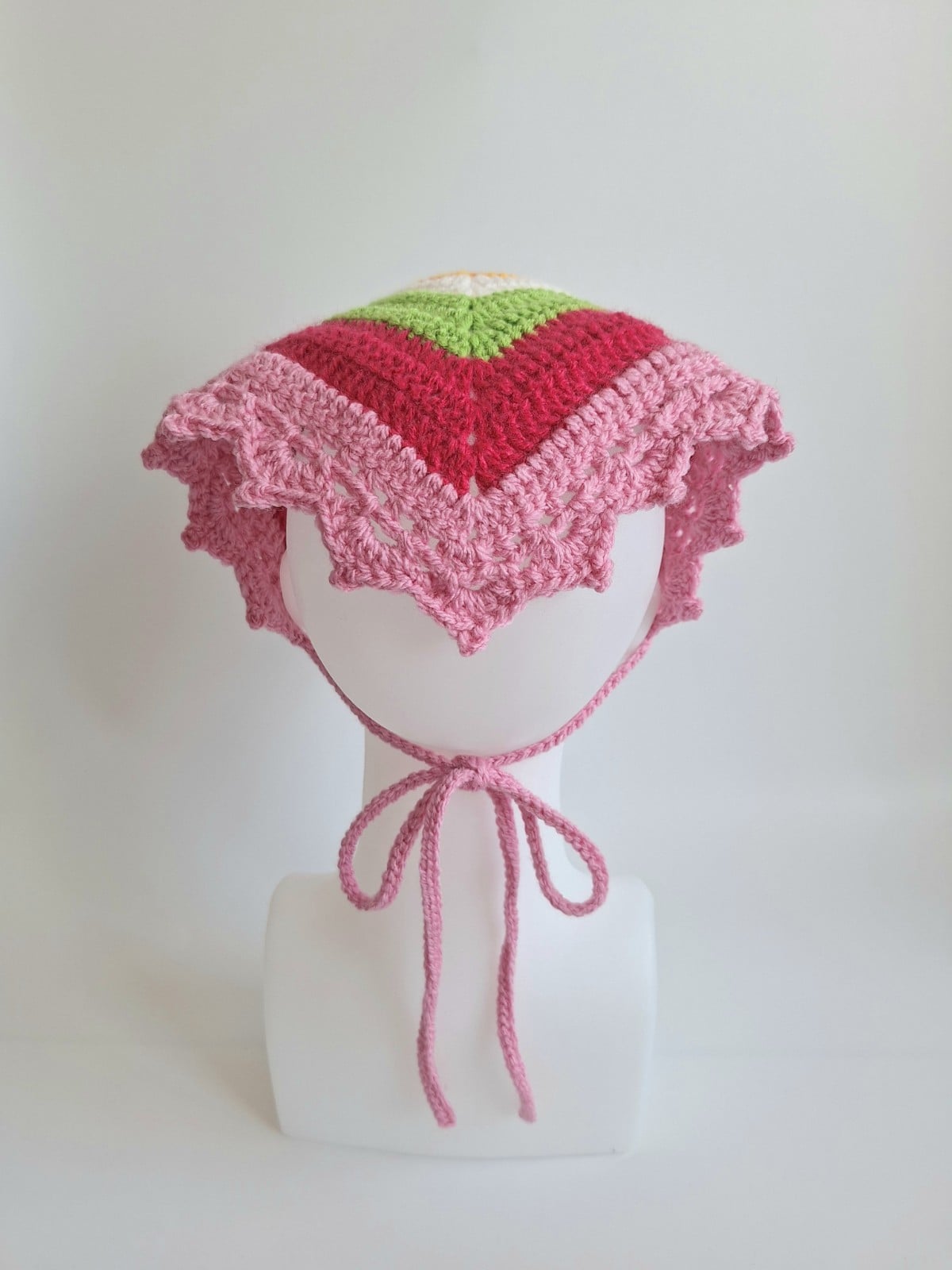 Gehaakte bandana | Geel, crème, groen, fuchsia en lichtroze - 152557 Gehaakte bandana | Geel, crème, groen, fuchsia en lichtroze