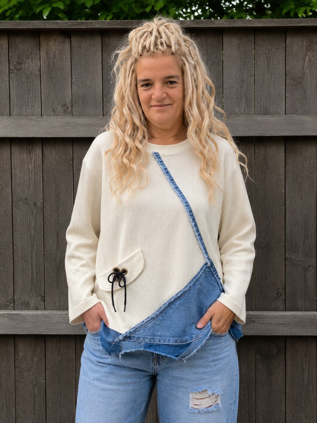 Upcycled Boho Sweater – Denim Patchwork – One of a Kind - 153339 Upcycled Boho Sweater – Denim Patchwork – One of a Kind