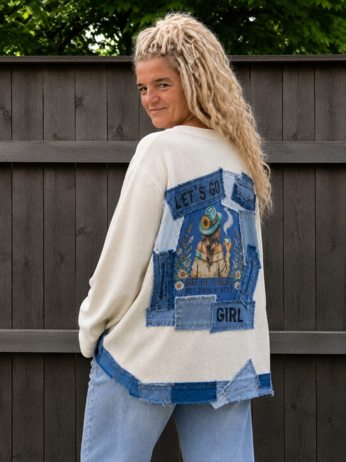 Upcycled Boho Sweater – Denim Patchwork – One of a Kind - 153341 Upcycled Boho Sweater – Denim Patchwork – One of a Kind