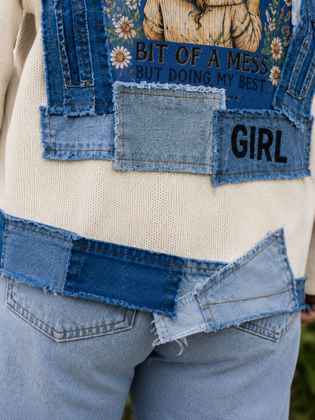 Upcycled Boho Sweater – Denim Patchwork – One of a Kind - 153342 Upcycled Boho Sweater – Denim Patchwork – One of a Kind