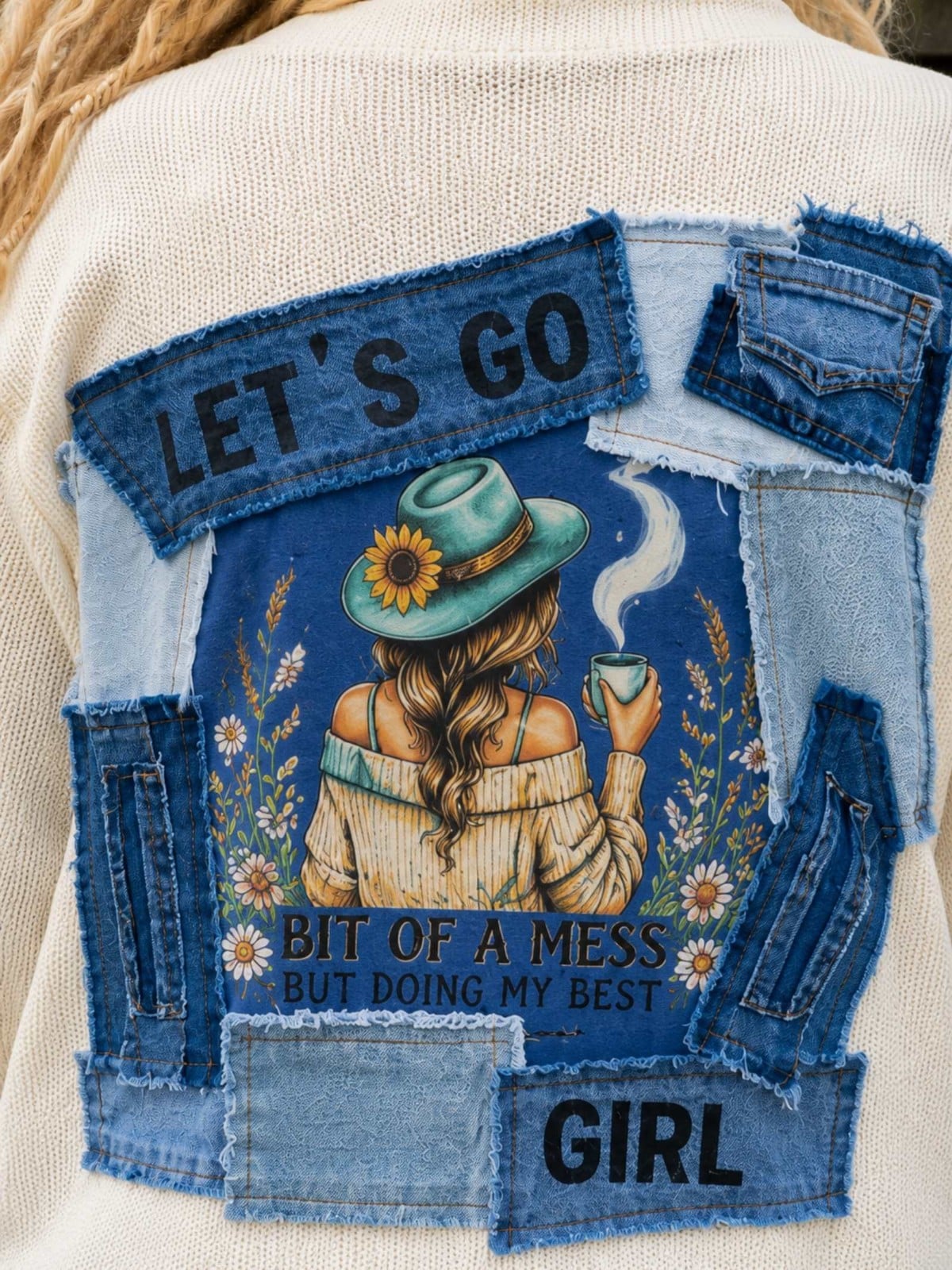 Upcycled Boho Sweater – Denim Patchwork – One of a Kind - 153345 Upcycled Boho Sweater – Denim Patchwork – One of a Kind