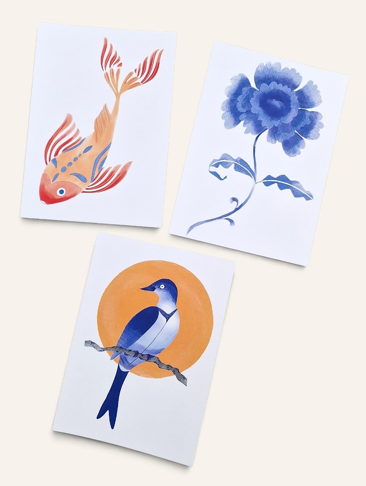Set van 3 Aziatische Stijl Aquarel Kaarten, Vis, Bloem en Vogel