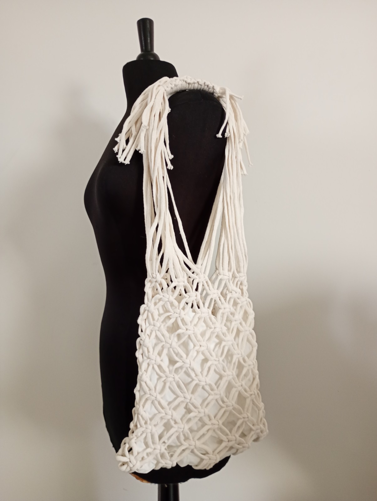 tas, macramé, wit met binnentasje