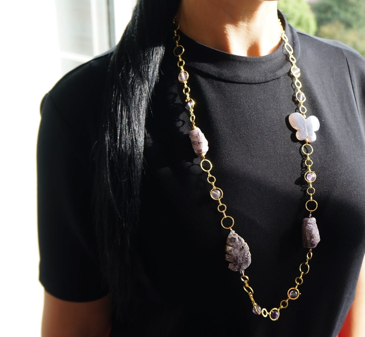 Lange ketting met agaat en amethist