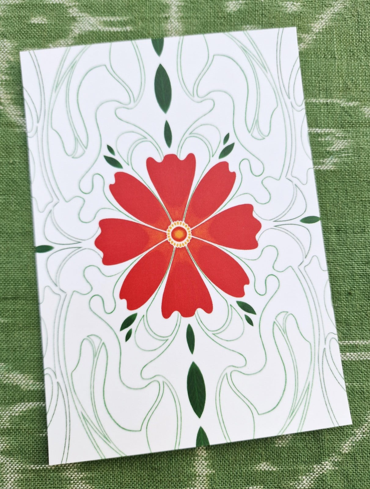 Art Nouveau Flower A6 Kaart, Rode Bloem, Groene Decoratie Potlood Tekening