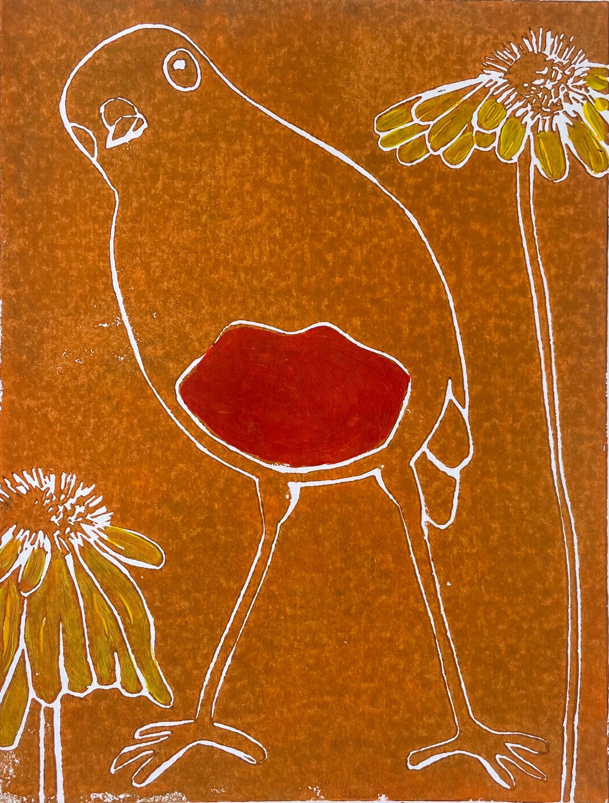 Linoprint nieuwsgierig vogeltje. - 152359 Linoprint nieuwsgierig vogeltje.
