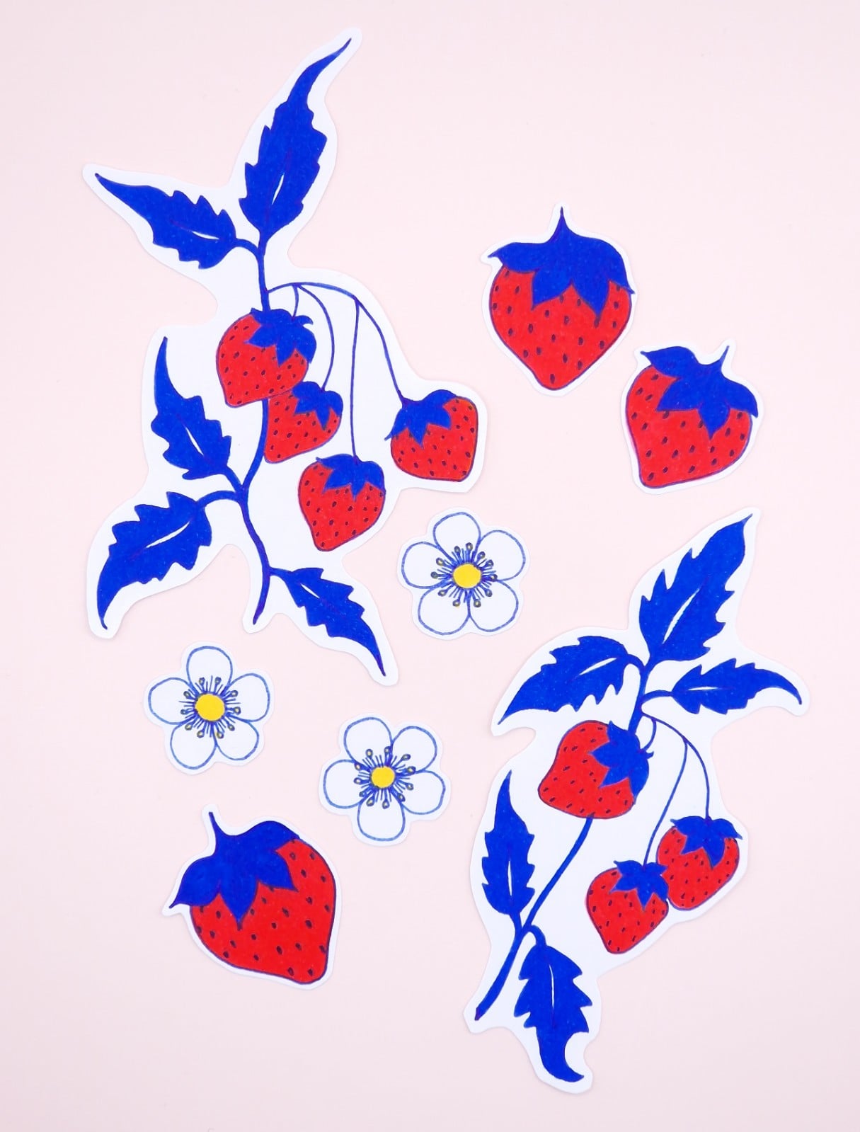 Hand getekende Sticker set, Aardbeien, Blaadjes en Bloemen, Blauw Rood - 142885 Hand getekende Sticker set, Aardbeien, Blaadjes en Bloemen, Blauw Rood