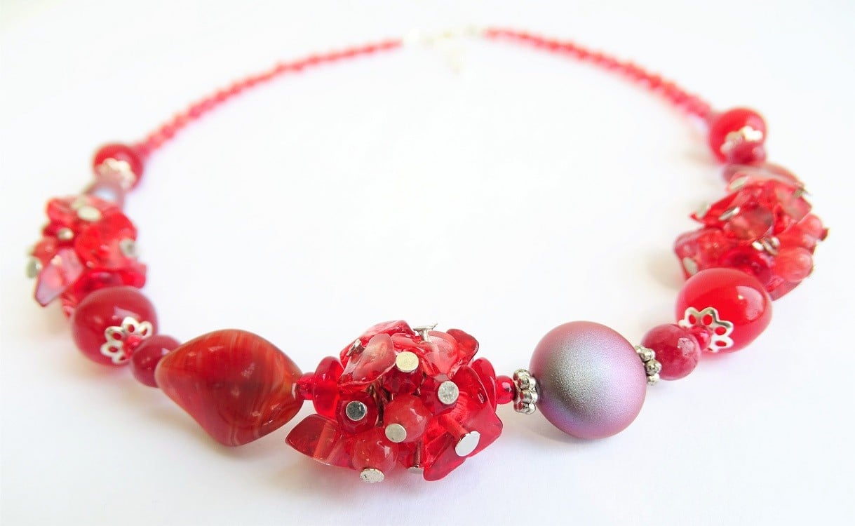 Rode edelstenen ketting met carneool, granaat en Swarovski-kristallen - 155975 Rode edelstenen ketting met carneool, granaat en Swarovski-kristallen