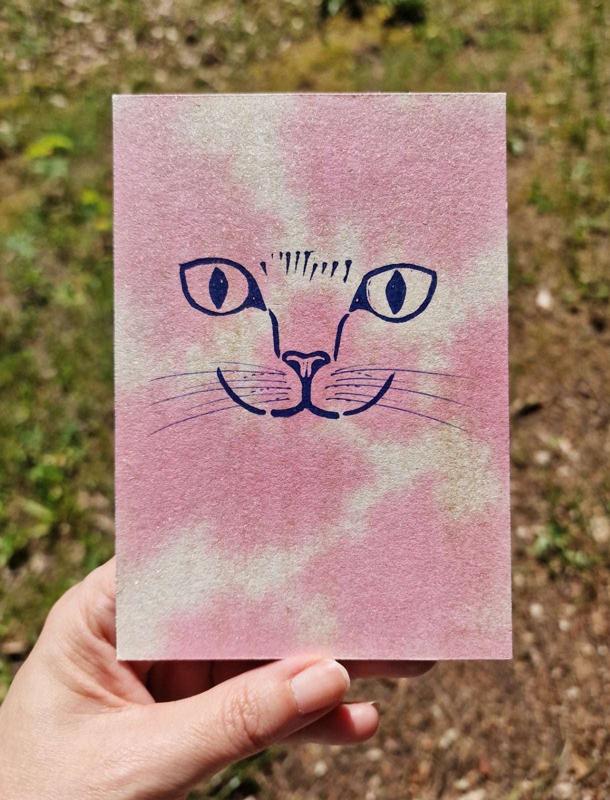 Handgemaakte Kaart Print, Katten Gezicht, Roze Goud Glitter - 131306 Handgemaakte Kaart Print, Katten Gezicht, Roze Goud Glitter