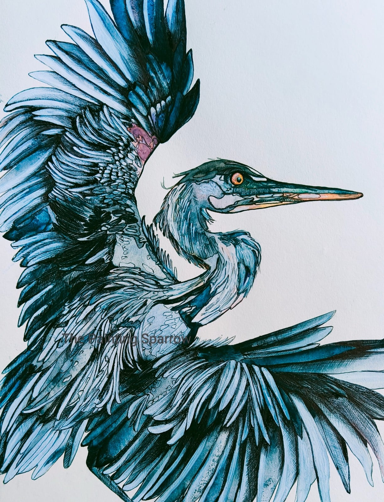 'Unfolding Flight': tote bag met blauwe reiger – vogel illustratie in blauw