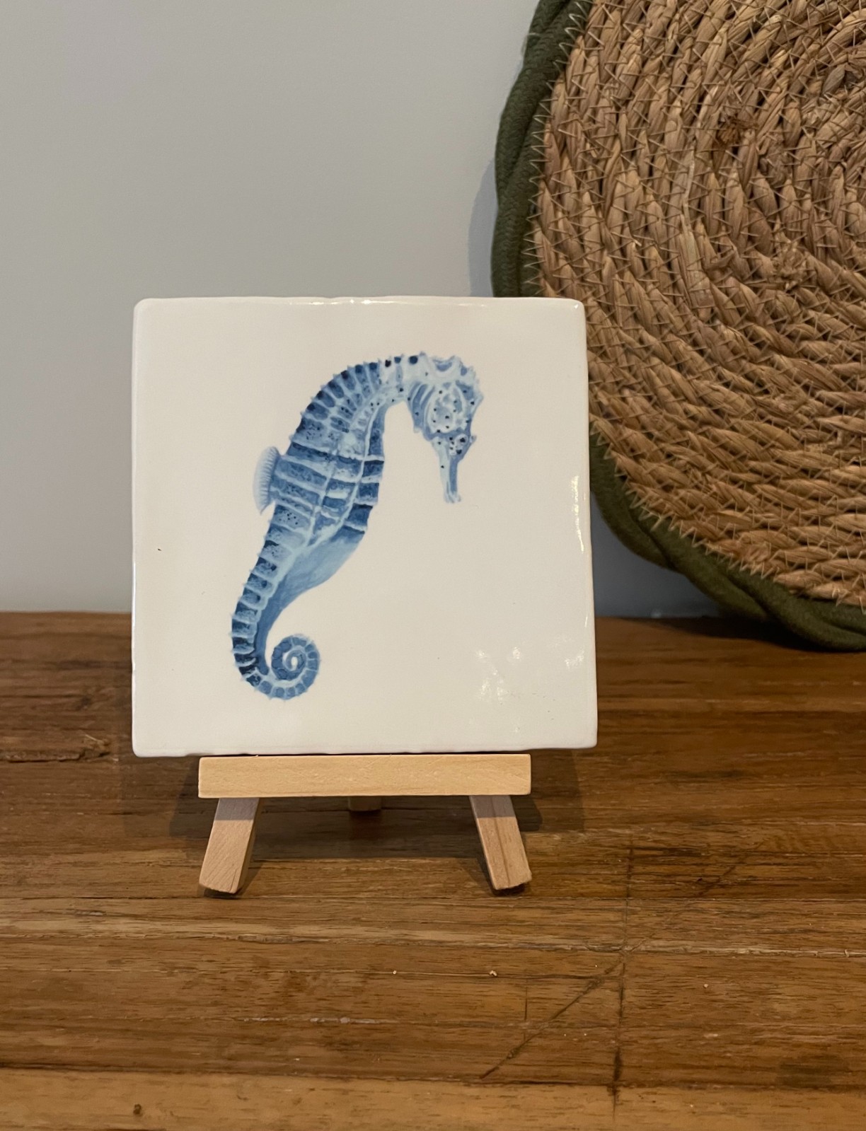 Tegeltje wit - Zeepaardje blauw - 100346 Tegeltje wit - Zeepaardje aquarel