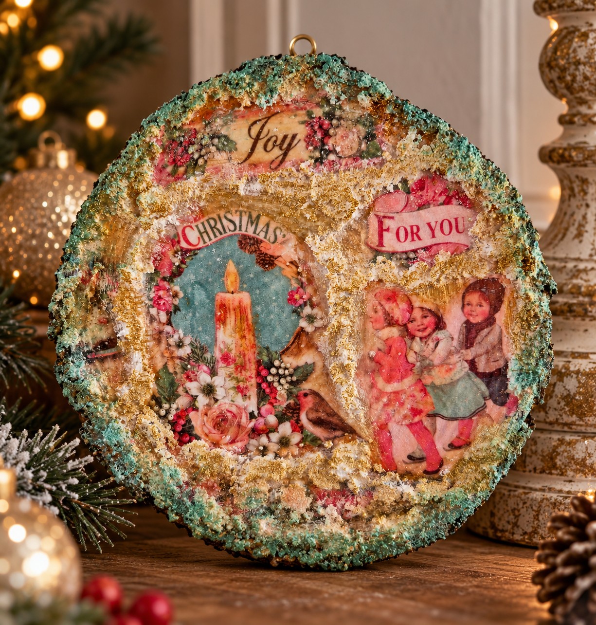 Kerstvreugde – Nostalgisch Handgemaakt Kerstbord Ø15 cm - 153508 Kerstvreugde – Nostalgisch Handgemaakt Kerstbord Ø15 cm