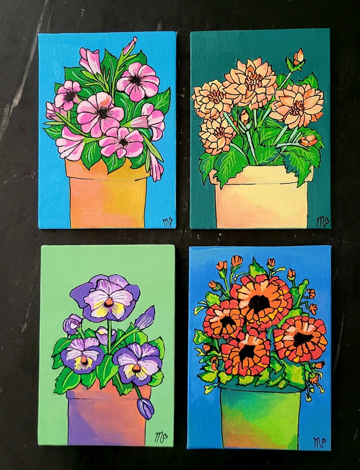 Canvas 15x10 'Bloempot met dahlia' origineel acrylschilderij - 153061 Canvas 15x10 'Bloempot met bloemen' 4 originele acrylschilderijtjes