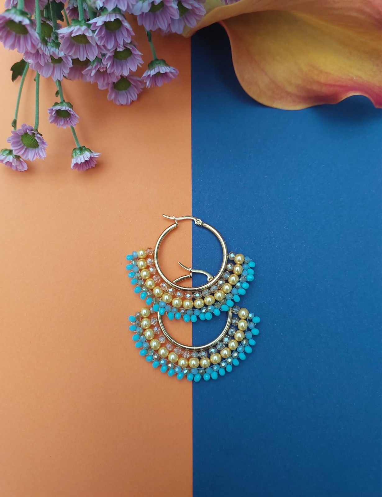 Gouden aquamarijn waaier hoepels