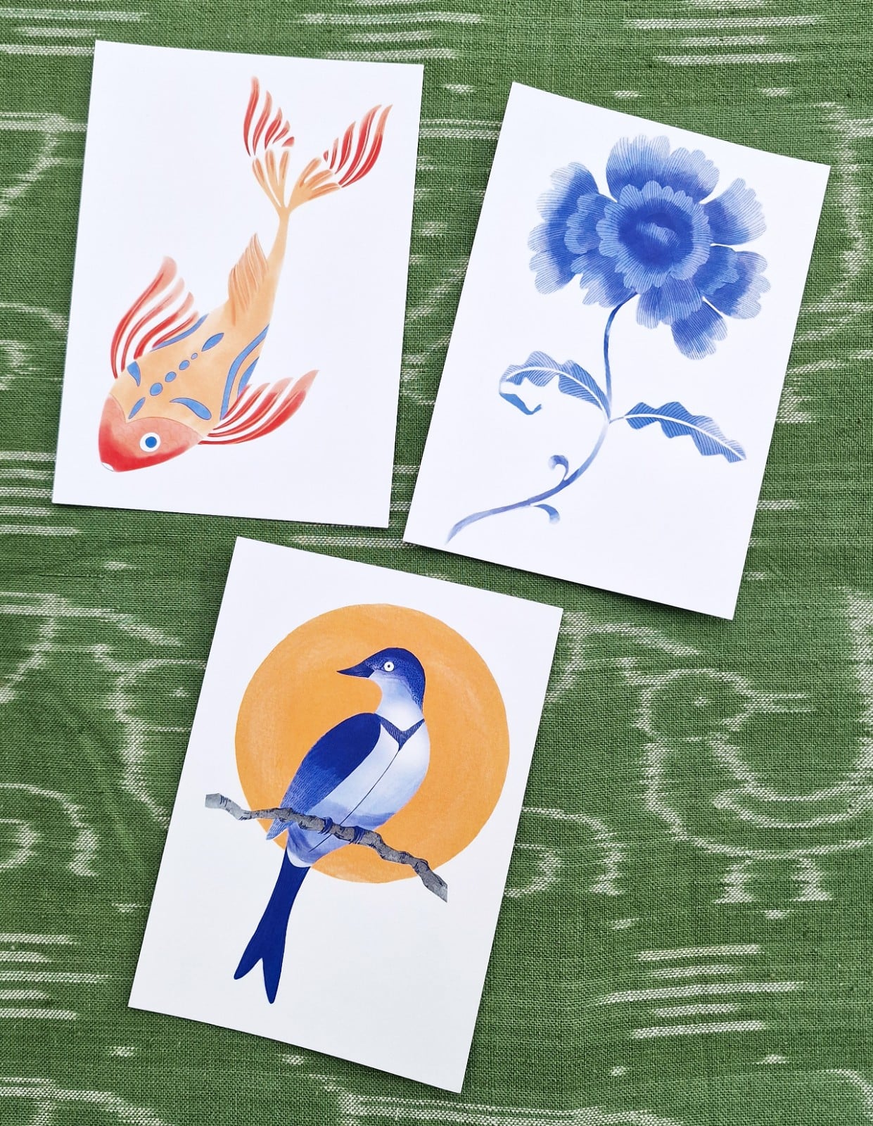 Set van 3 Aziatische Stijl Aquarel Kaarten, Vis, Bloem en Vogel