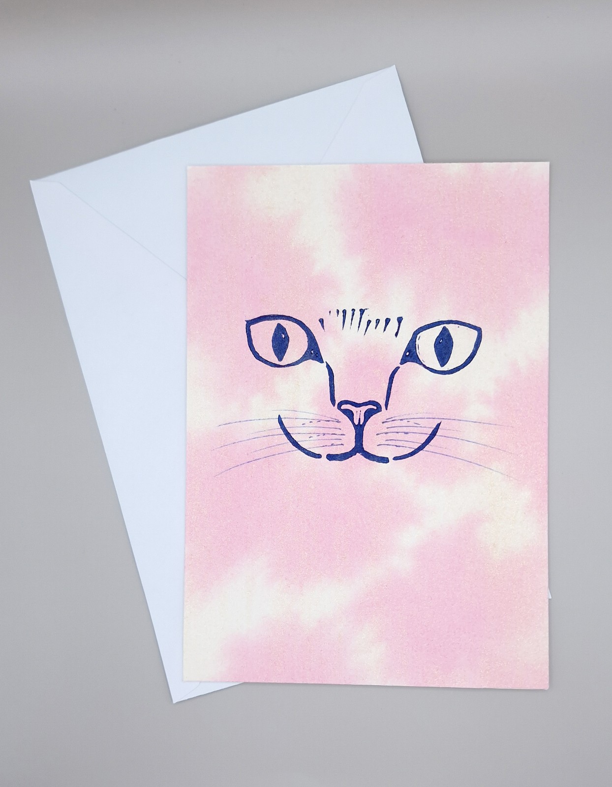 Handgemaakte Kaart Print, Katten Gezicht, Roze Goud Glitter - 131304 Handgemaakte Kaart Print, Katten Gezicht, Roze Goud Glitter
