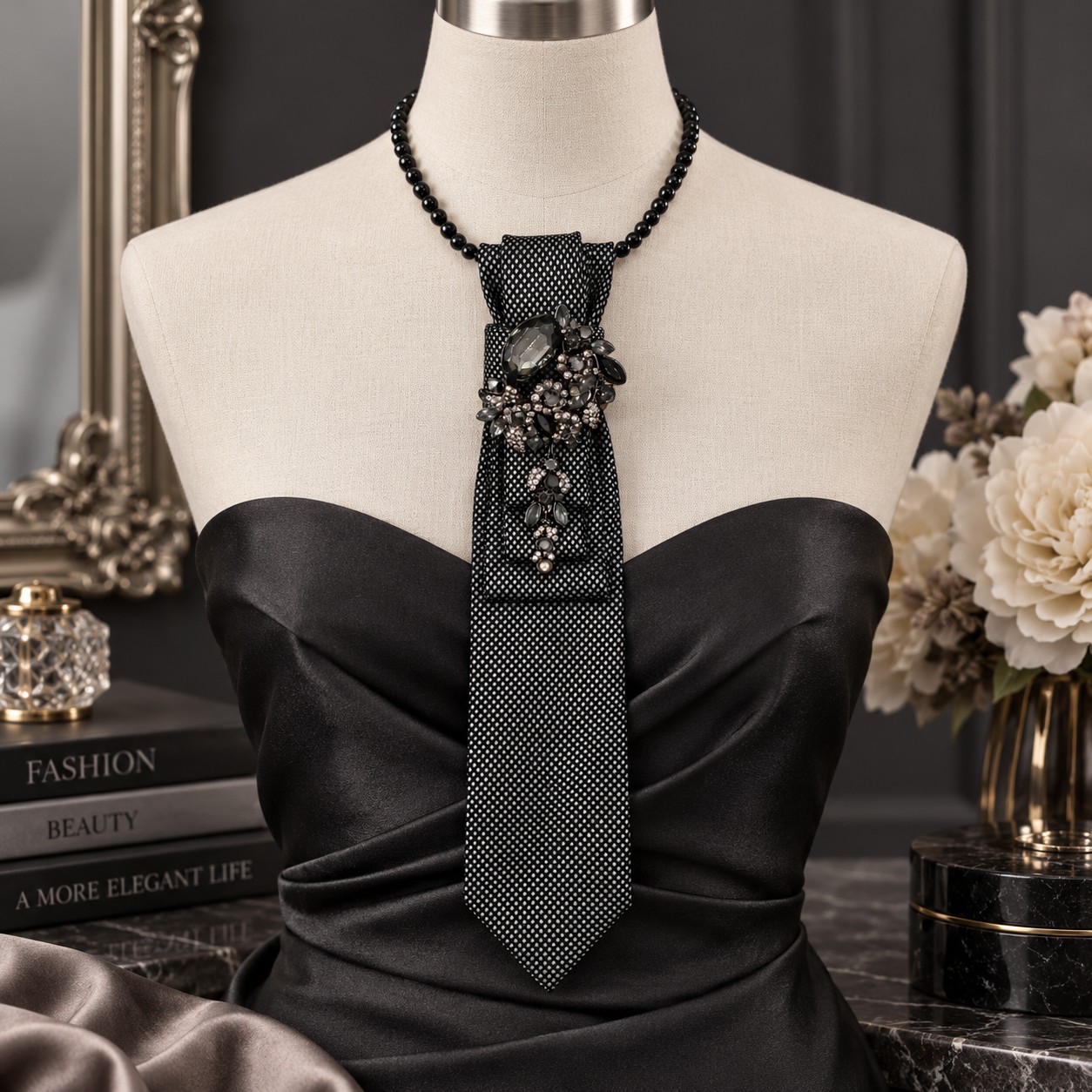 Chique zwart grijze stropdas ketting dames – luxe accessoire met br… - 151694 Chique zwart grijze stropdas ketting dames – luxe accessoire met broche en parel ketting Eye catcher