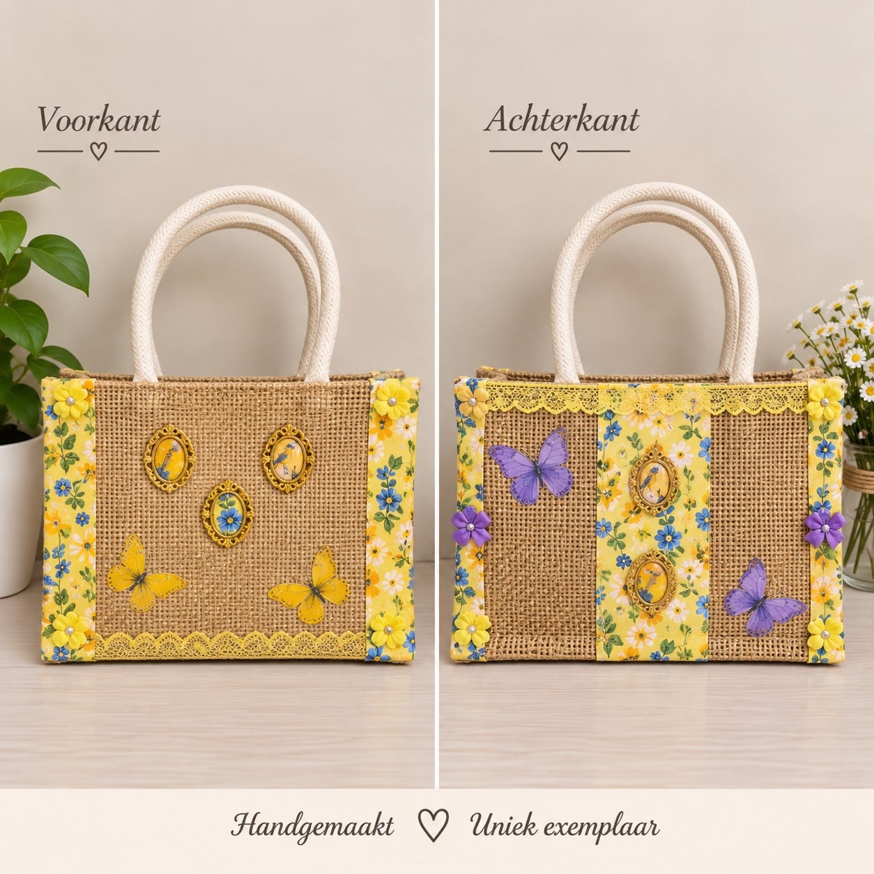 Handgemaakte jute tas met bloemen en vlinders - 151437 Jutetas met bloemen en vlinders