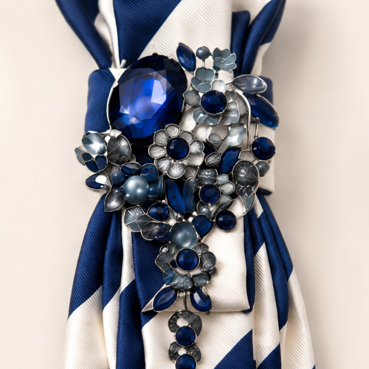 Handmade stropdas ketting blauw wit streep met parel ketting en broch… - 151713 Handmade stropdas ketting blauw wit streep met parel ketting en broche – statement sieraad