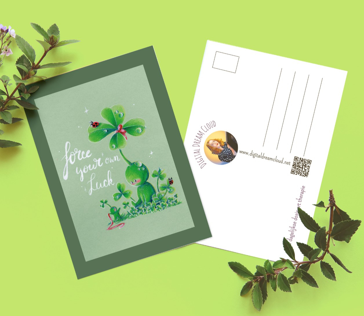 Wens kaart verjaardag A6 Force your own luck klavertje vier