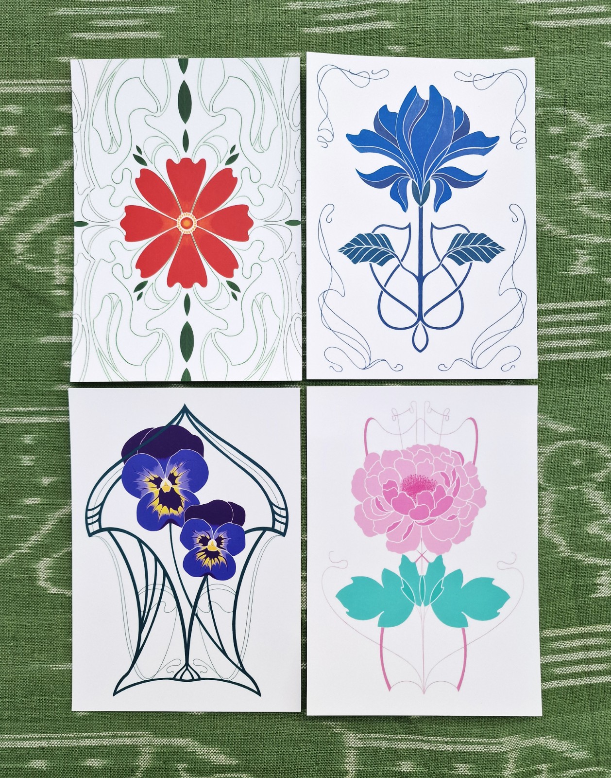 Set van 4 Art Nouveau Bloemen Kaarten