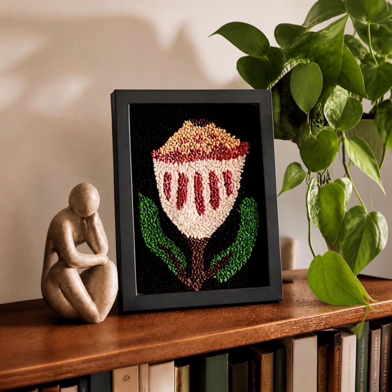 Tufted Protea Bloem – Handgemaakte Wollen Textielkunst in Zwart Fra… - 149355 Tufted Protea Bloem – Handgemaakte Wollen Textielkunst in Zwart Frame