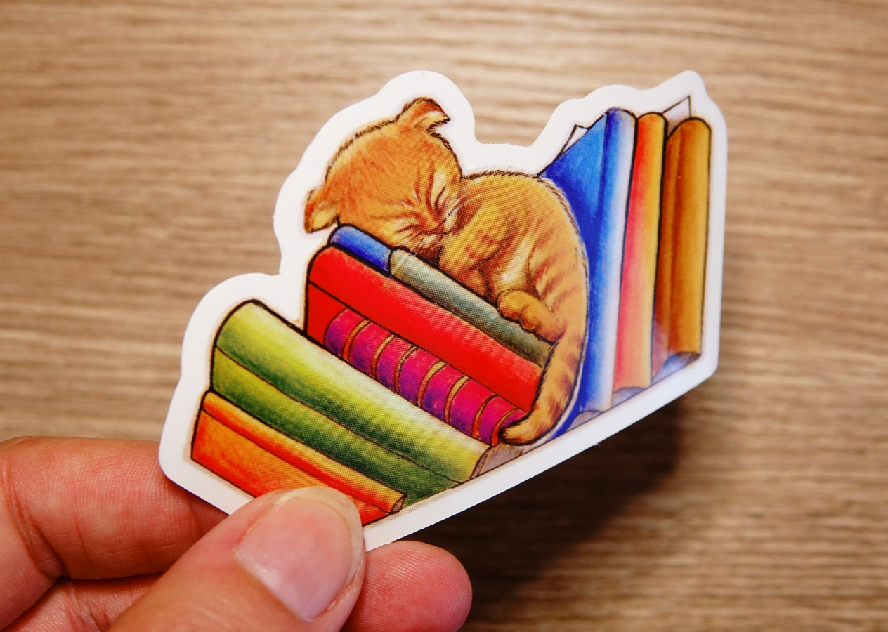 Slapende kat boeken sticker, transparant, vaatwasser proof 9.5x5.8 cm