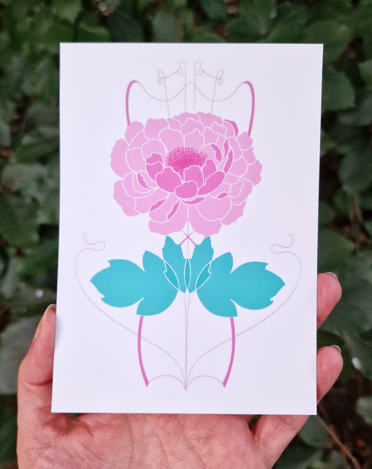 Art Nouveau Flower A6 Kaart, Roze Pioenroos Bloem, Turquoise Bladeren Potlood Tekening