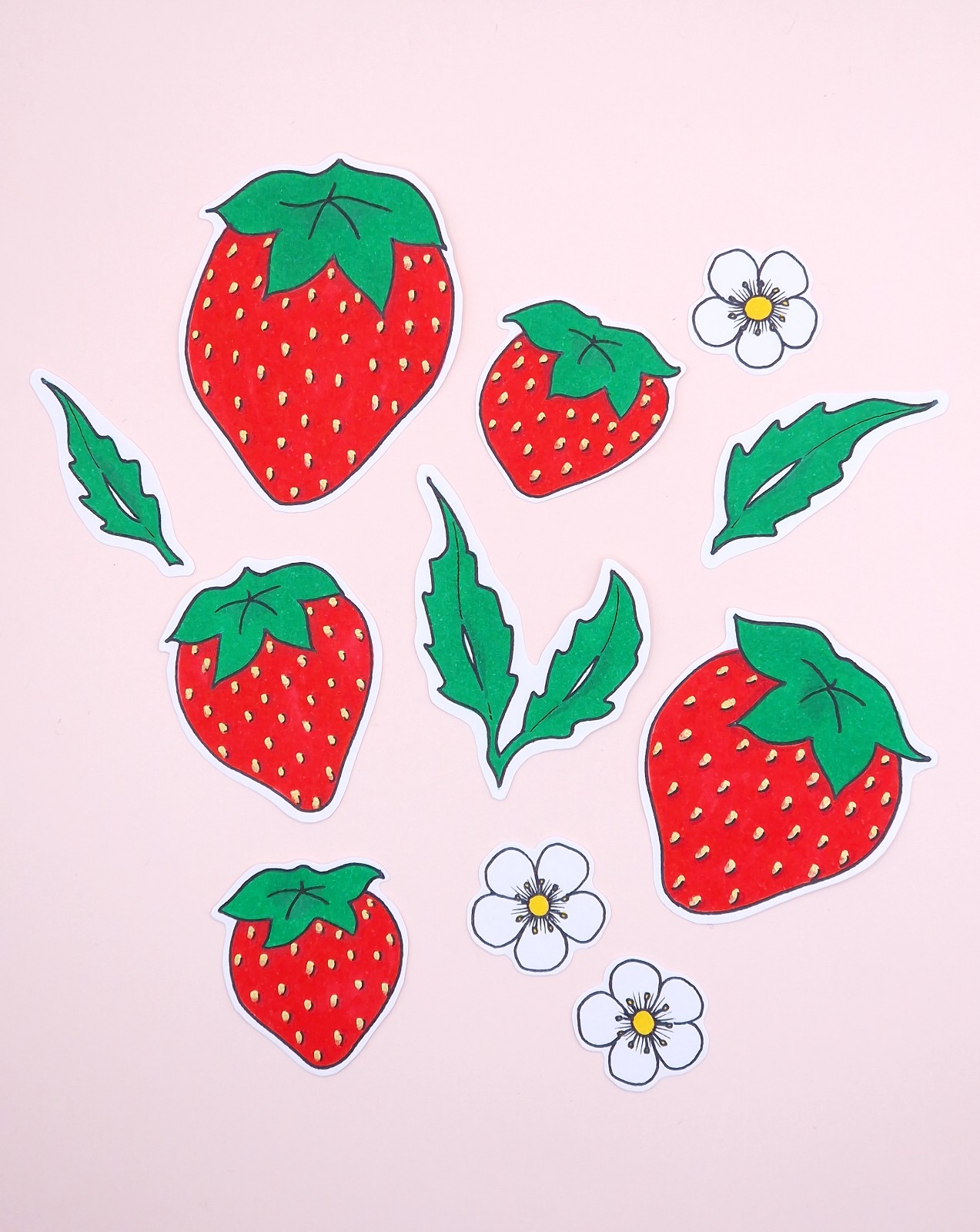 Hand getekende Sticker set, Aardbeien, Blaadjes en Bloemen, Groen Rood - 142886 Hand getekende Sticker set, Aardbeien, Blaadjes en Bloemen, Groen Rood
