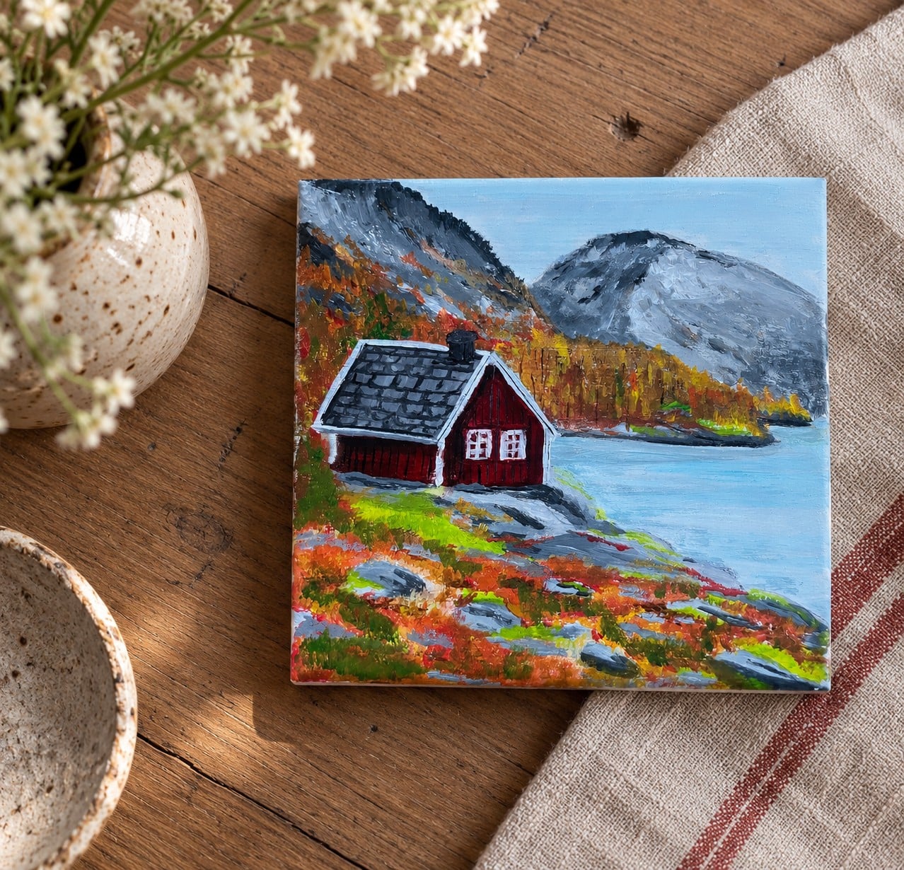 Handgeschilderd tegeltje – Het rode huisje| 10 × 10 cm - 152741 Handgeschilderd tegeltje – Het rode huisje| 10 × 10 cm