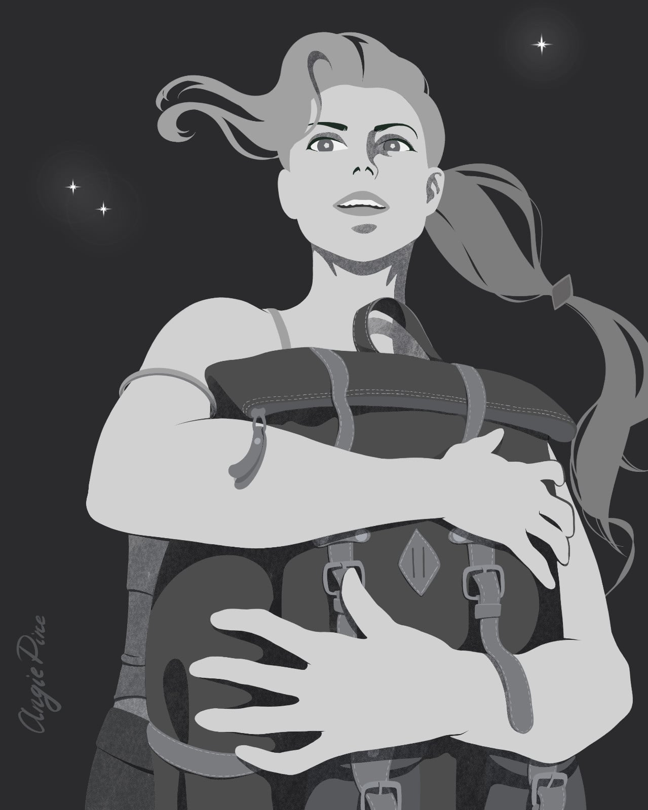 De vrouw met een rugzak: minimalistische zwart-wit kunstprint, 40 x 50 cm, wanddecoratie