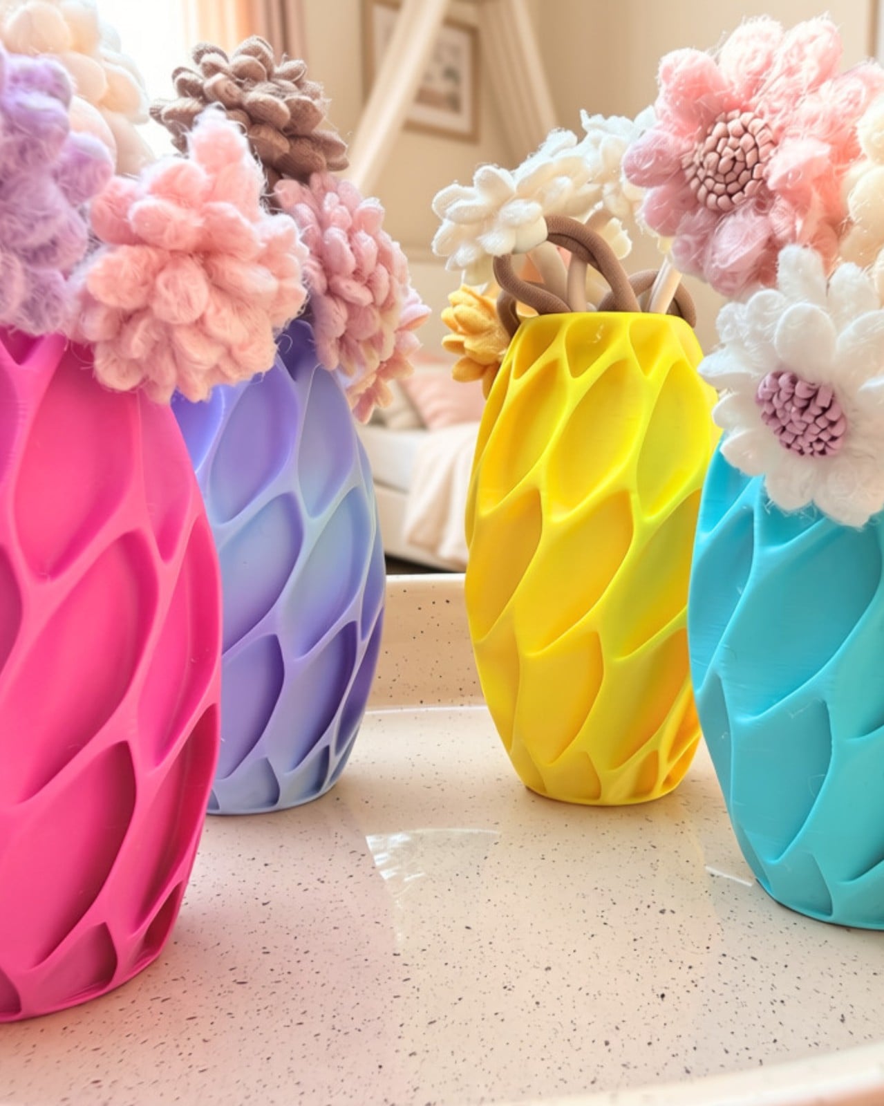 Cadeauset 5x elastieken bloemen in 3D vaas | rond- diverse modellen) - 143368 Cadeauset 5x elastieken bloemen in 3D vaas | rond- diverse kleuren)