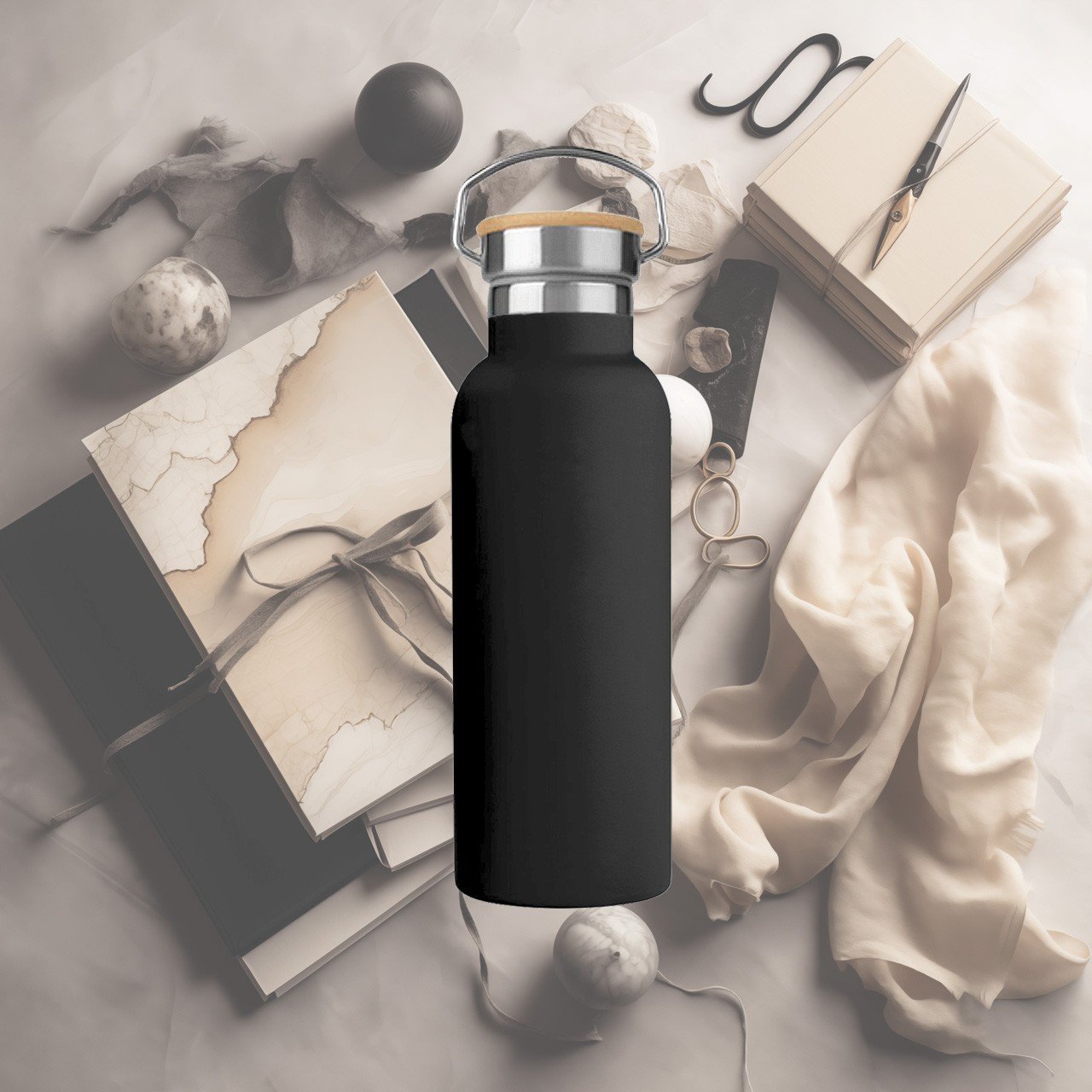500ml. RVS thermosfles Black edition met FSC Bamboo dop - 79649 500ml. RVS thermosfles Black edition met FSC Bamboo dop