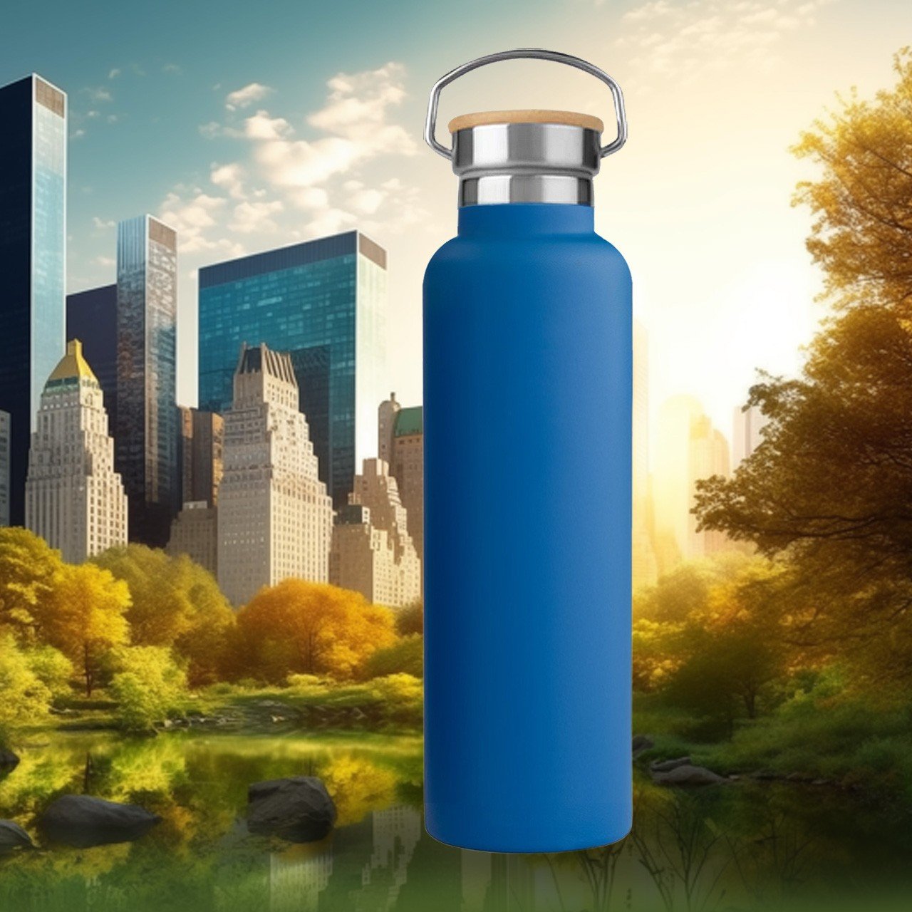 750ml. Blue Bottle - RVS thermosfles met Bamboo dop