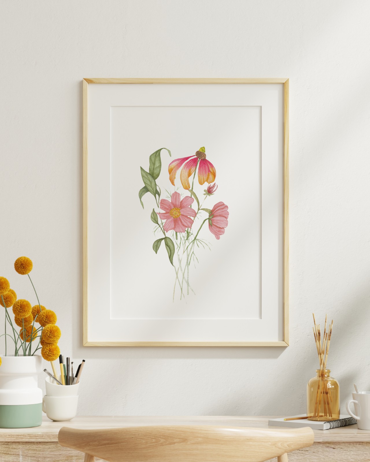 Art print A4 van roze bloemen in subtiel aquarel - Veldboeket