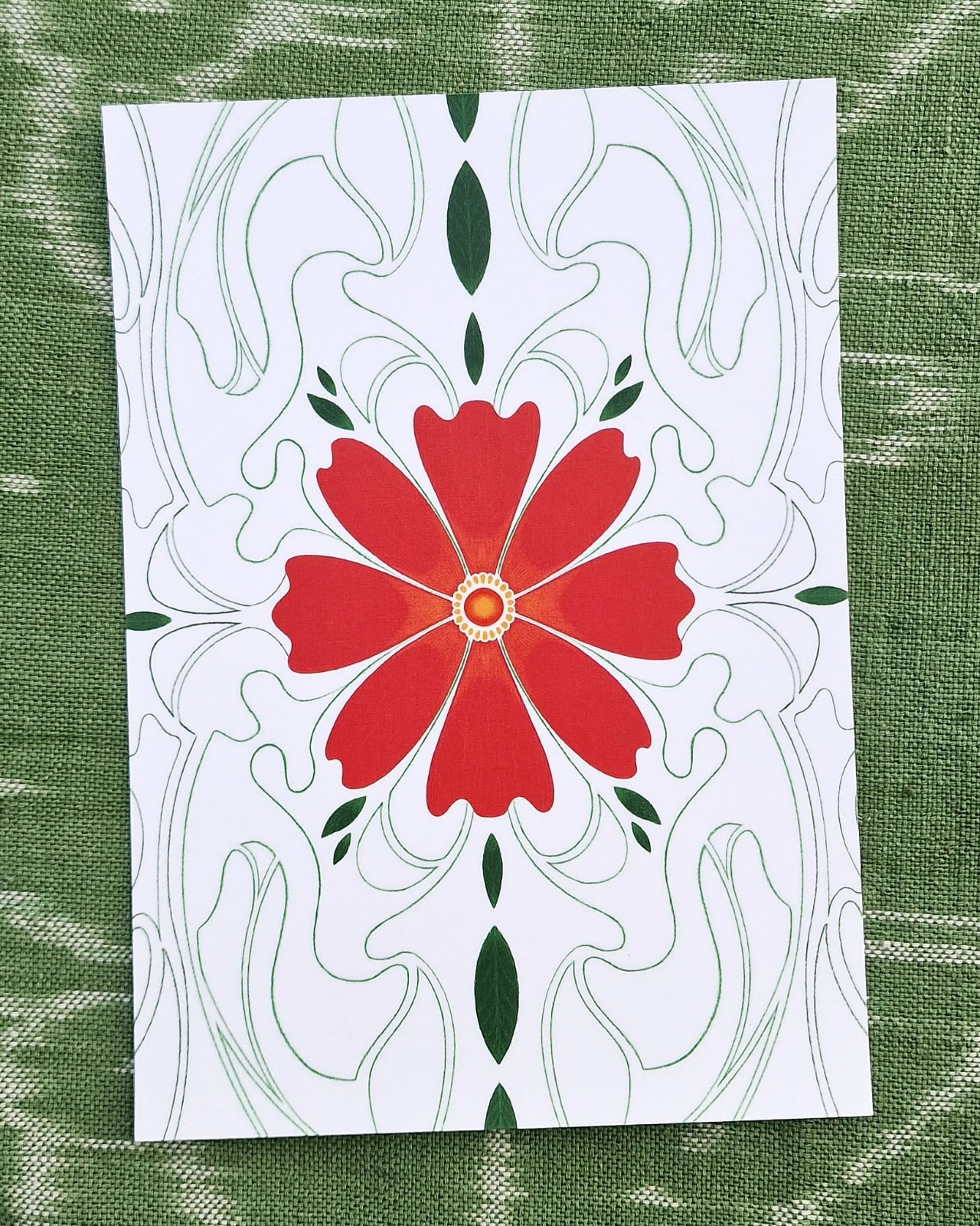 Art Nouveau Flower A6 Kaart, Rode Bloem, Groene Decoratie Potlood Tekening