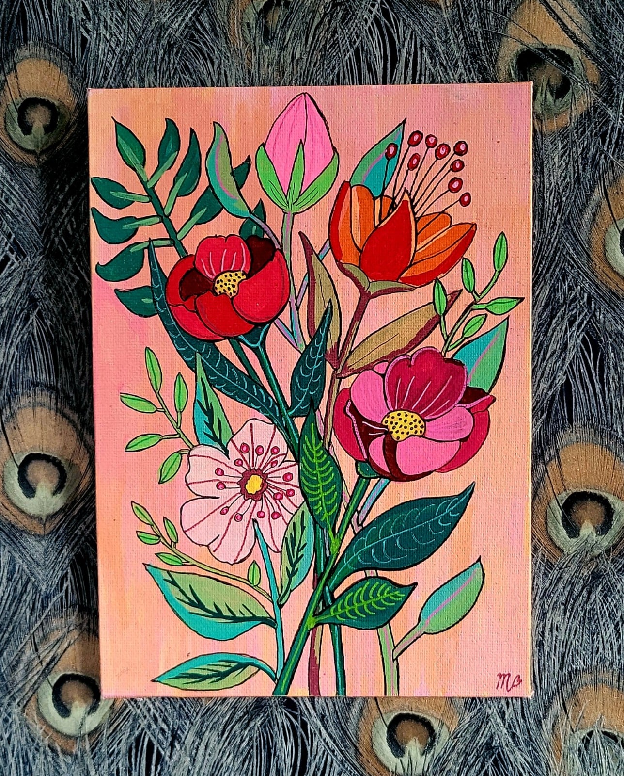 Canvas 'Boeket bloemen' origineel acryl schilderij 21x15 - 150549 Canvas 'Boeket bloemen' origineel acryl schilderij 21x15