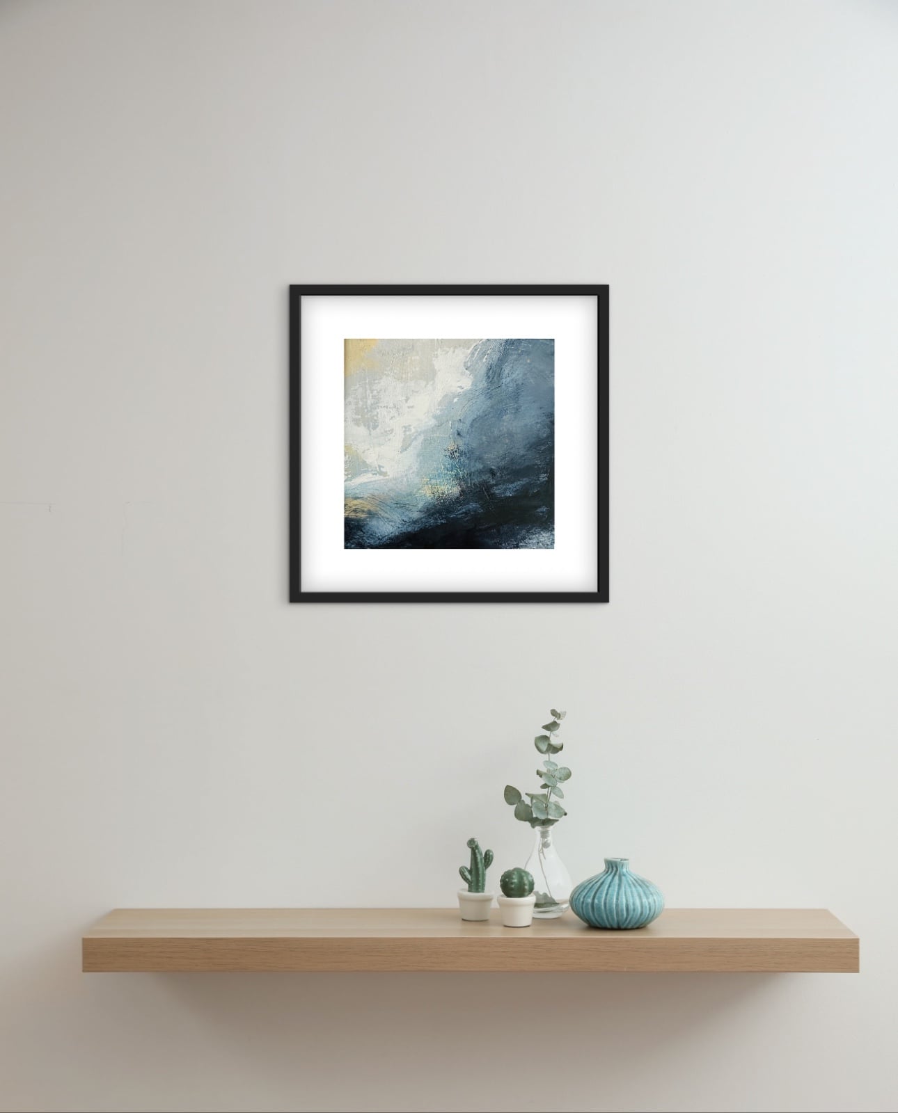 Abstract Schilderij Blauwgrijs & Marine – Acryl op Hout 32x32cm – ‘Storm Whisper’