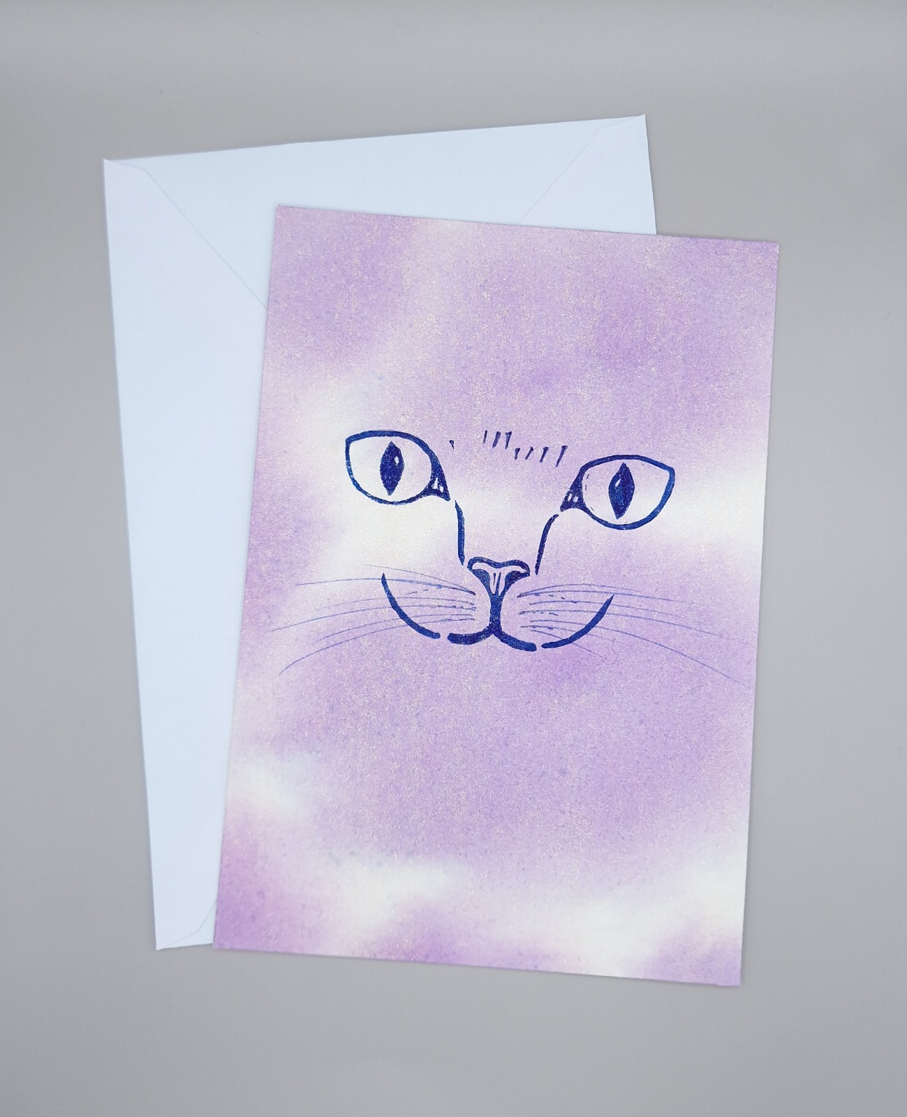 Handgemaakte Kaart Print, Katten Gezicht, Lila Paars Goud Glitter - 131313 Handgemaakte Kaart Print, Katten Gezicht, Lila Paars Goud Glitter